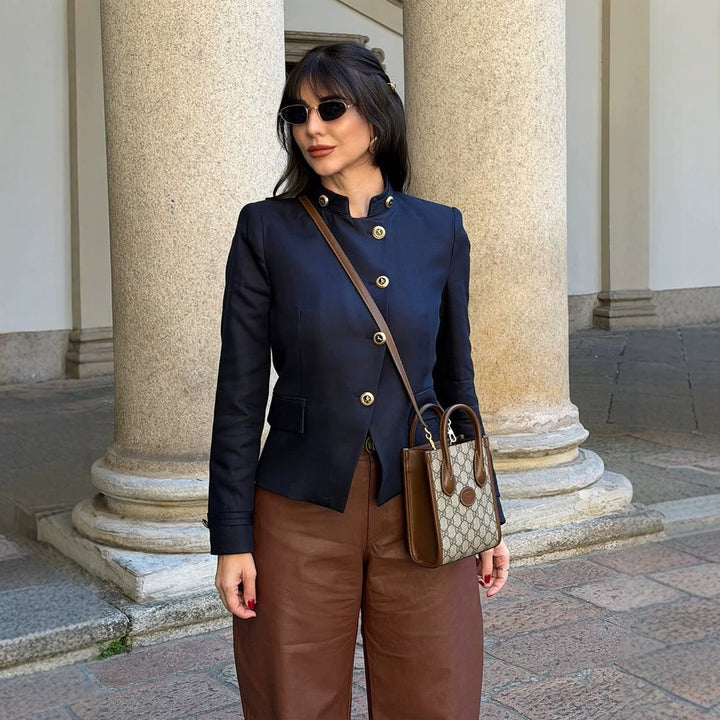 Women's Tailored Blazer with Stand-up Collar and Golden Decorative Buttons Amarae