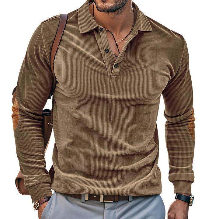 Casual long sleeve Henley T-shirt for men in textured ribbed fabric with contrasting elbow patches Lune London