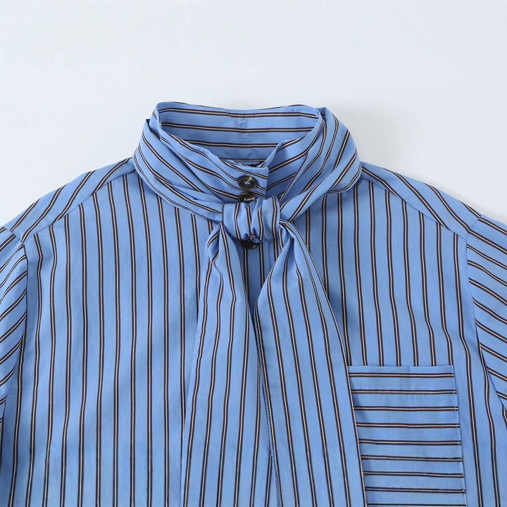 Women Striped Bow Blouse with Chest Pocket and Continuous Button Placket Amarae