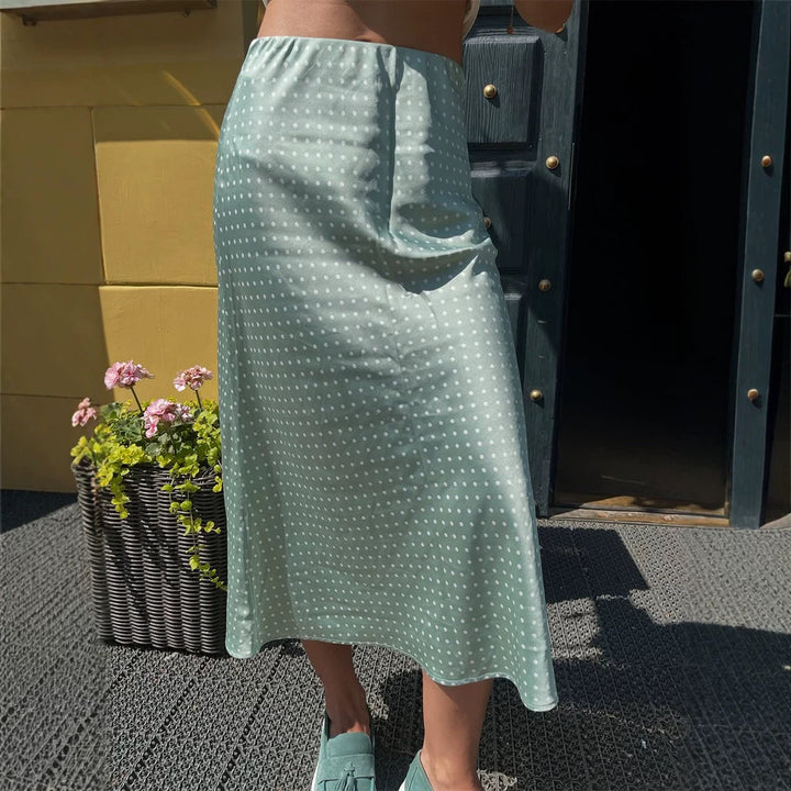 Women's satin midi skirt with polka dot print, tailored fit & flowing bias silhouette Amarae