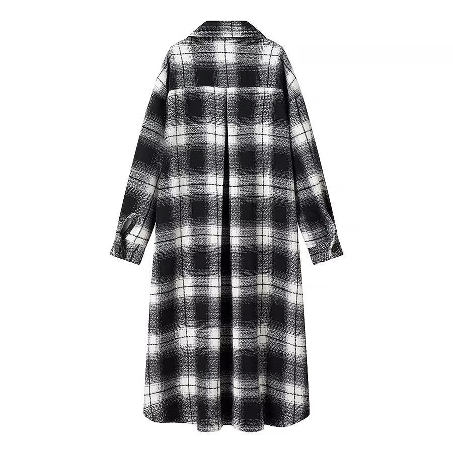 Women Checked Longline Shirt Coat made of Wool Blend with Oversized Silhouette and Flap Pockets Amarae