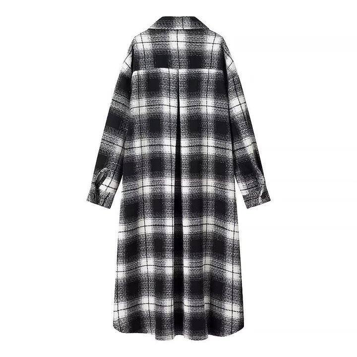 Women Checked Longline Shirt Coat made of Wool Blend with Oversized Silhouette and Flap Pockets Amarae