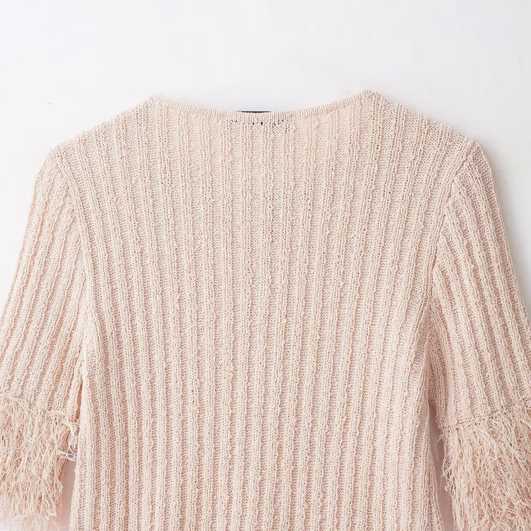 Ladies Boucle Cardigan with Fringe Sleeves and Hidden Button Placket Amarae