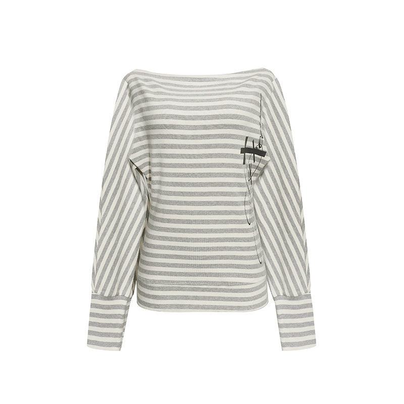 Women's Figure-hugging Striped Long Sleeve Shirt with Wide Boat Neck and Cropped Batwing Sleeves Amarae