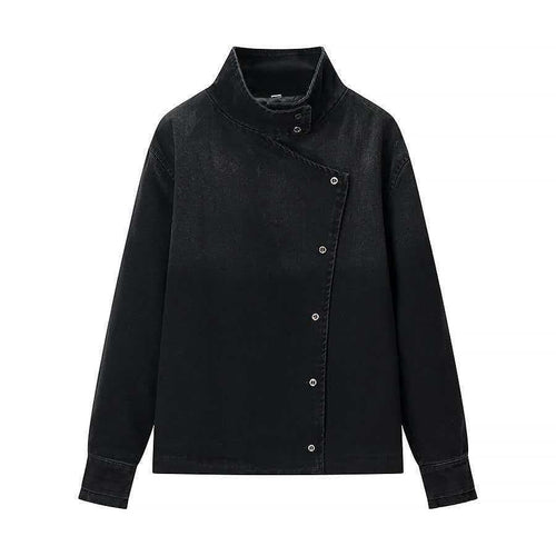 Veste en denim moderne pour femmes avec col asymétrique et boutons-pression pratiques Chic & Stil