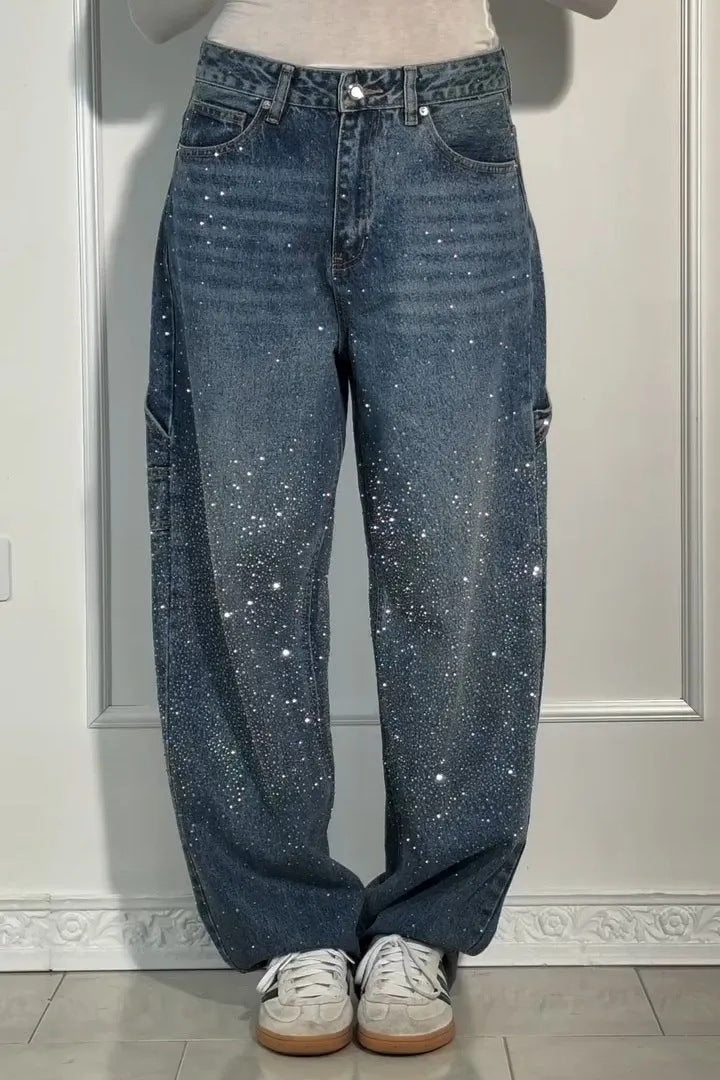 Ladies Oversized Cargo Jeans with Shimmering Detail Lune London