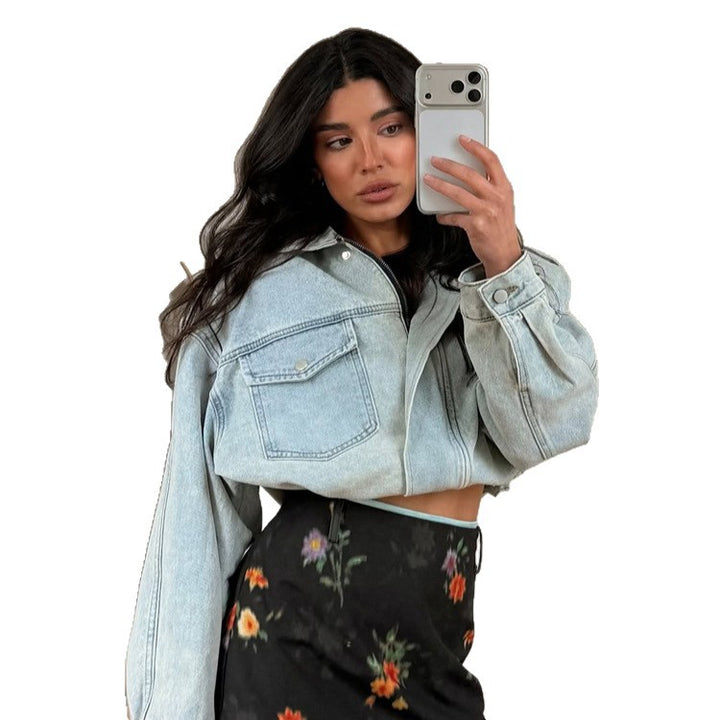 Women's Cropped Denim Jacket with Drawstring, Boxy Oversized Silhouette & Flap Pockets Amarae