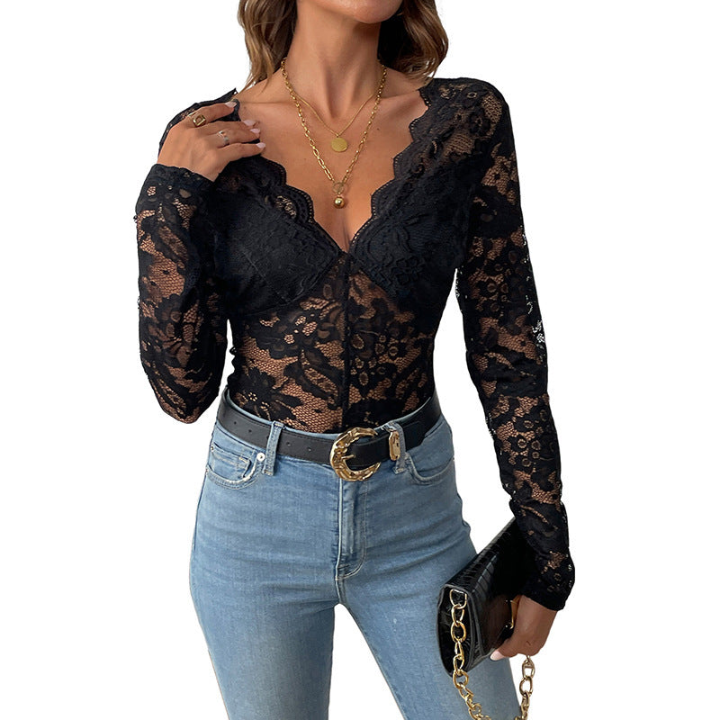 Women’s Long Sleeve Bodysuit with Lace Detail Lune London