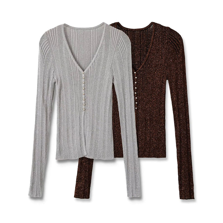 Women's figure-hugging ribbed fine knit cardigan with V-neck, shiny thread and decorative button strip Amarae