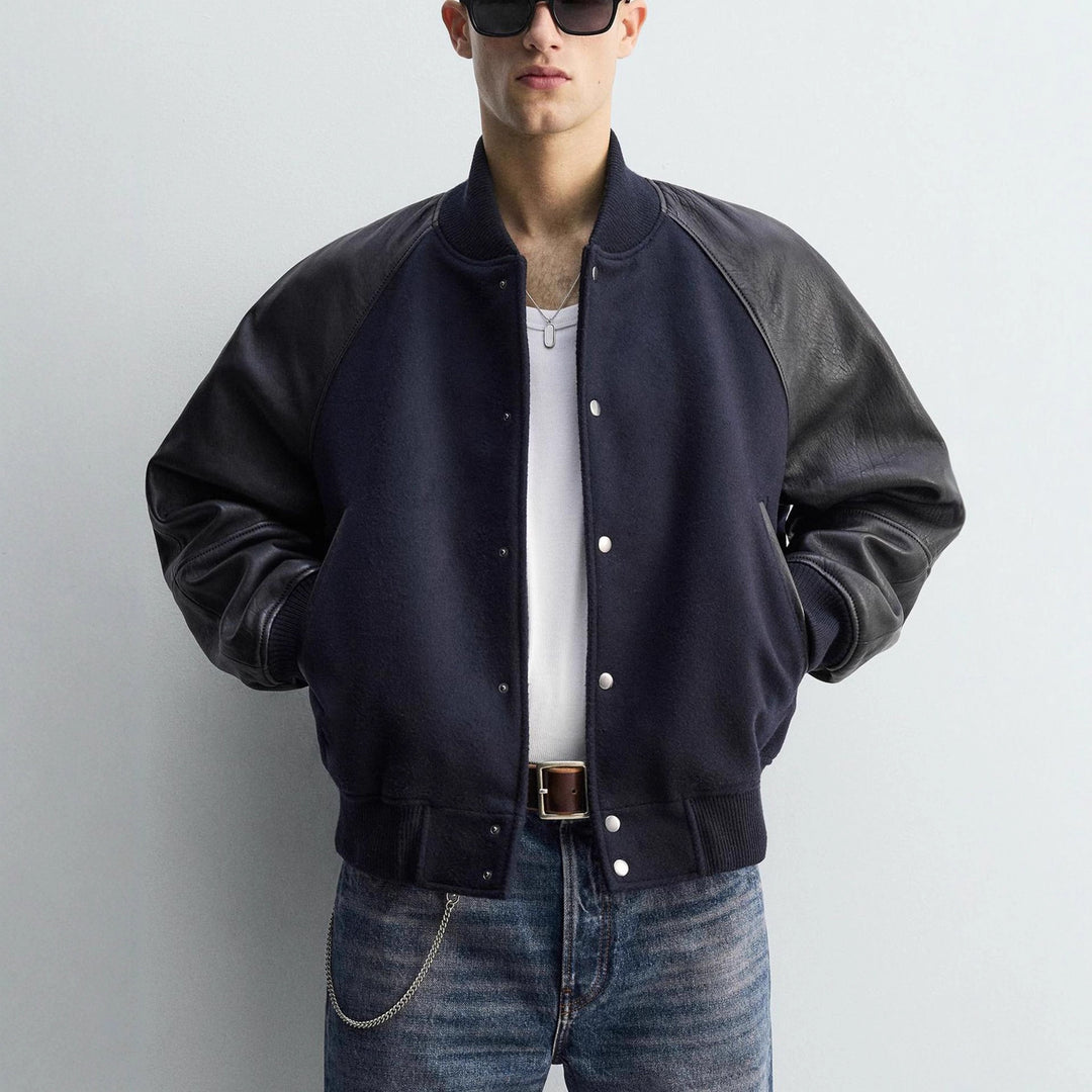 Men's College Bomber Jacket with Wool Body and Leather Sleeves Amarae