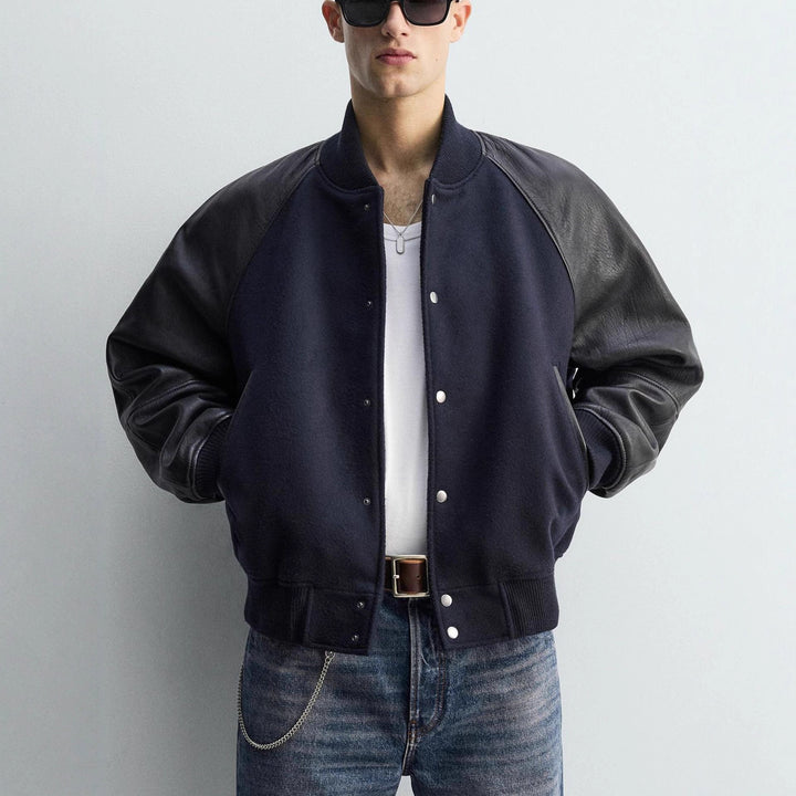 Men's College Bomber Jacket with Wool Body and Leather Sleeves Amarae