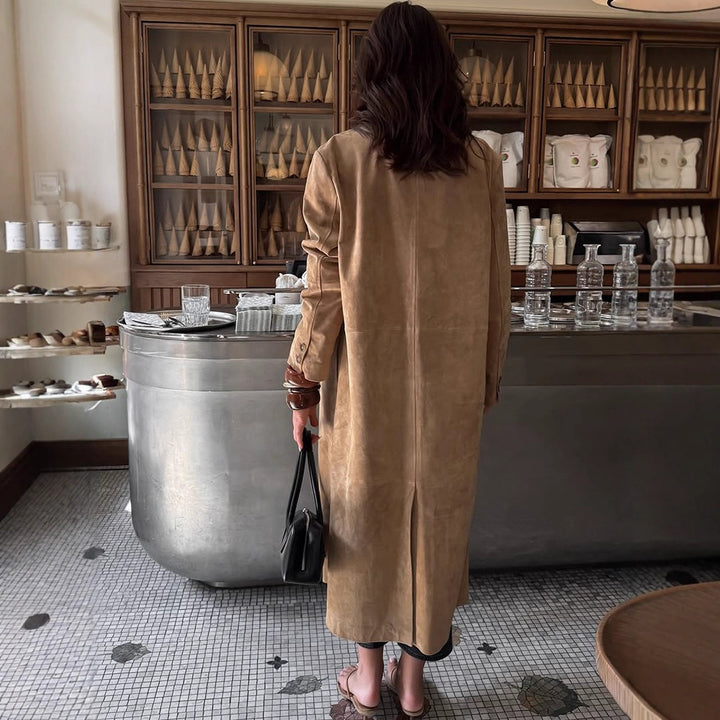 Women's Long Coat in Suede Look with Narrow Lapels and Clean Cut Amarae