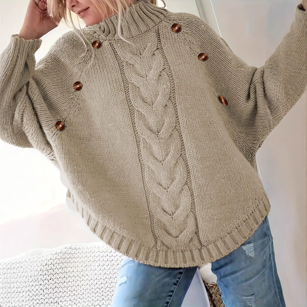 Chunky knit pullover for women with high collar and decorative braided structure Lune Londonl