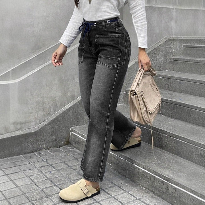 Women's high-waisted jeans with straight leg, drawstring waistband, and patch pockets Amarae