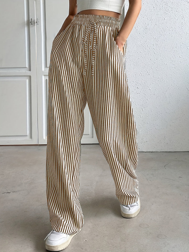 Wide striped pants for ladies with elastic waistband and pockets Lune London