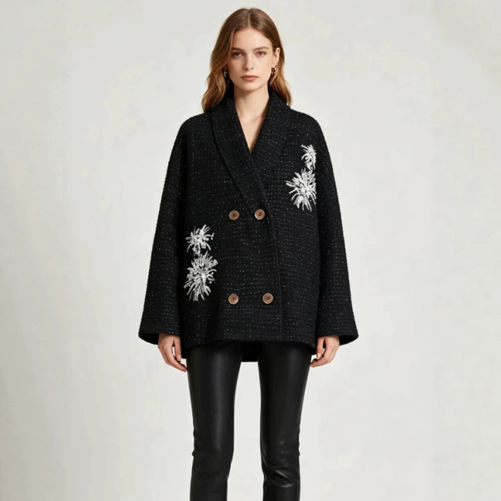 Women's Oversized Boucle Coat Jacket with Shawl Collar and Floral Embroidery Amarae