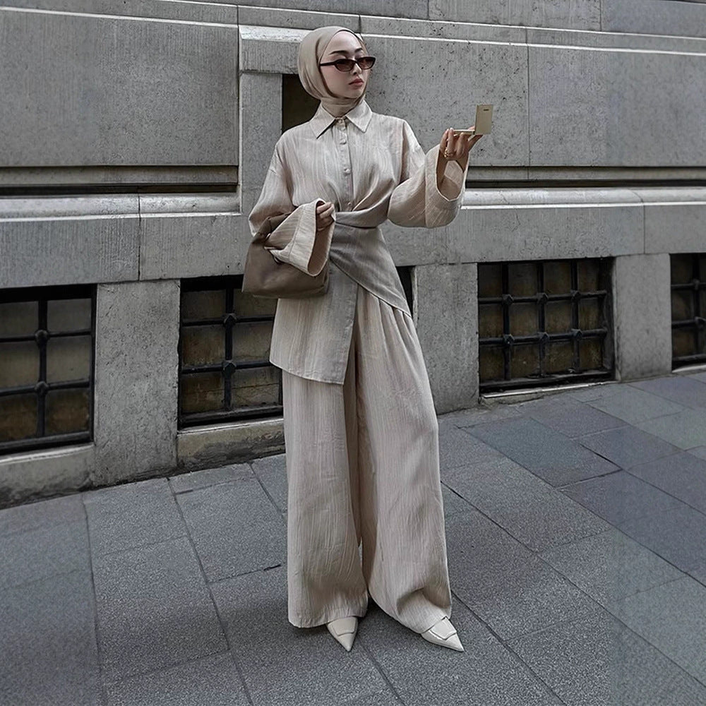 Women's casual tunic set with wrap belt and wide palazzo pants Amarae