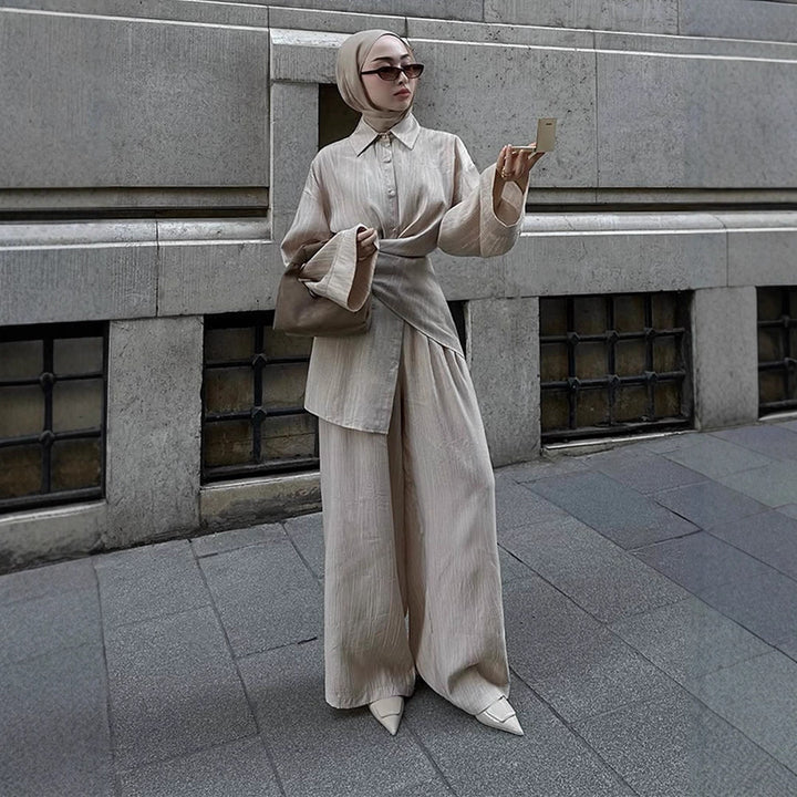 Women's casual tunic set with wrap belt and wide palazzo pants Amarae