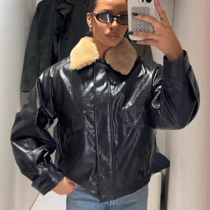 Women's Shiny Oversized Faux Leather Bomber Jacket with Voluminous Faux Fur Collar Amarae
