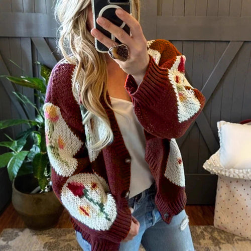 Women's knit jacket with floral pattern and decorative button design Amarae