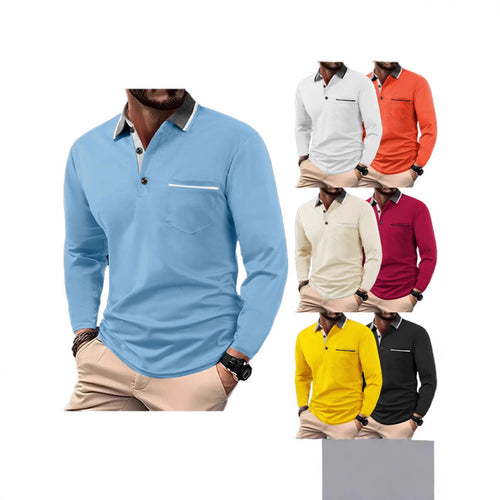 Men's long sleeve polo with textured collar and chest pocket Amarae