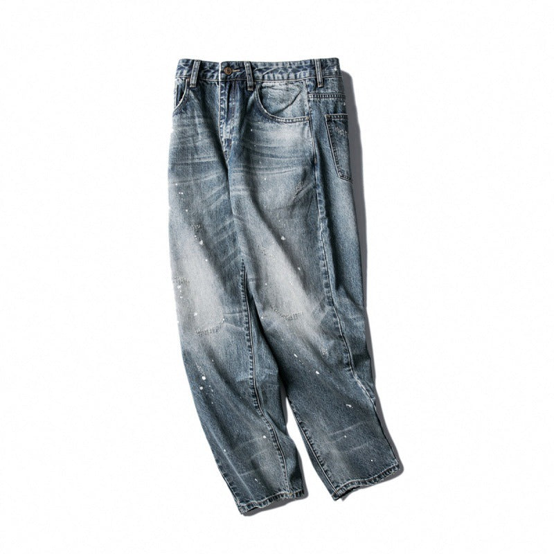 Men's Wide Baggy Jeans with Used Wash, Paint Splatter Effect and Relaxed Silhouette Amarae