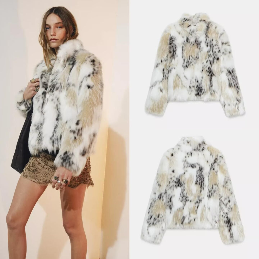 Women Short Faux Fur Jacket with Stand-Up Collar and Boxy, Cropped Cut Amarae
