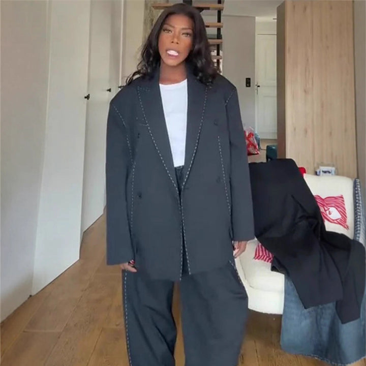 Women Oversized Two-Piece Boxy Blazer and Wide Pleated Trousers with Decorative Stitching Amarae