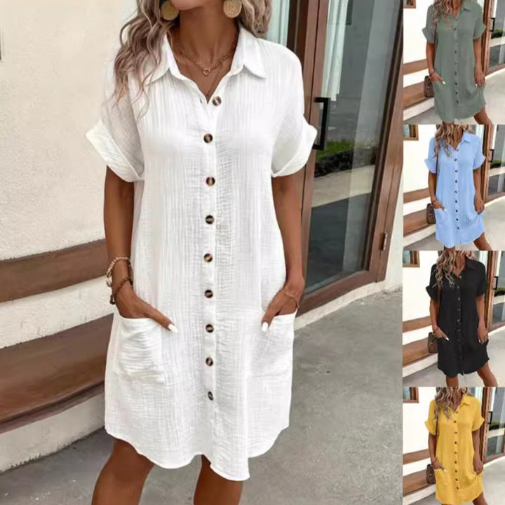 Casual button dress for women in lightweight cotton with practical pockets and rollable sleeves Lune London