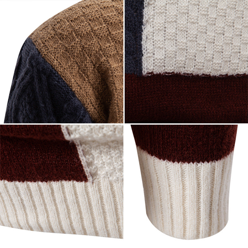 Trendy thick knit sweater for men with high collar and textured color block design Lune London