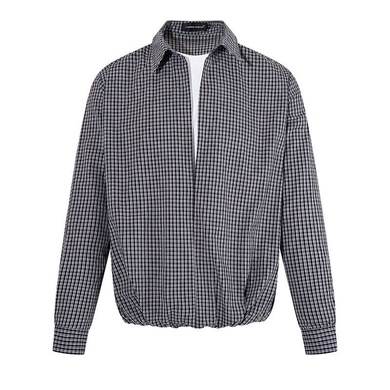 Men's Overshirt Blouson in Check Pattern with Elastic Waistband and Shirt Collar Amarae