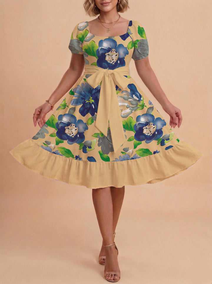 Women's floral dress with adjustable belt and voluminous sleeves Lune London