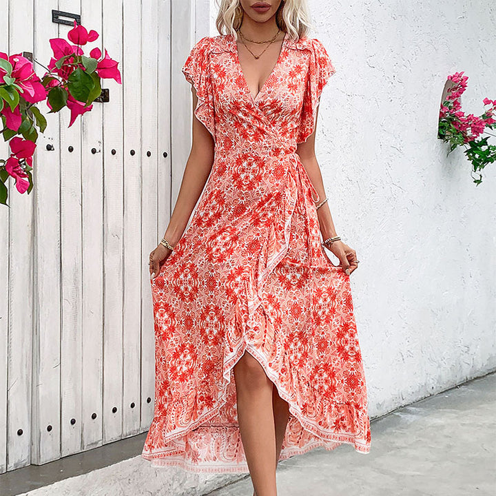 Elegant maxi dress with wrap neckline and ruffle details Lune London