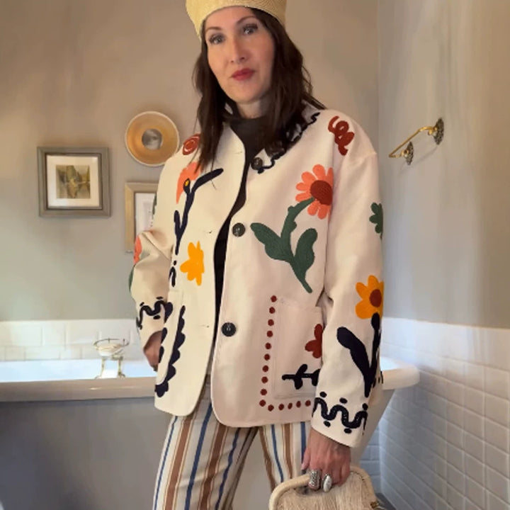 Women's embroidered boxy jacket with floral application and patch pockets Amarae