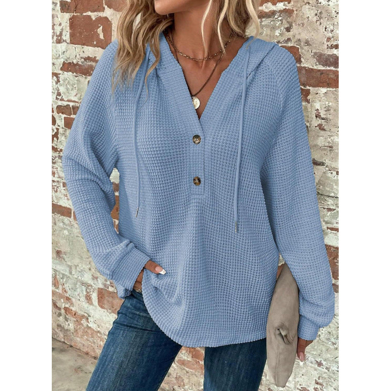 Women Waffle Knit Hoodie with Henley Button Placket and Oversized Cut Amarae