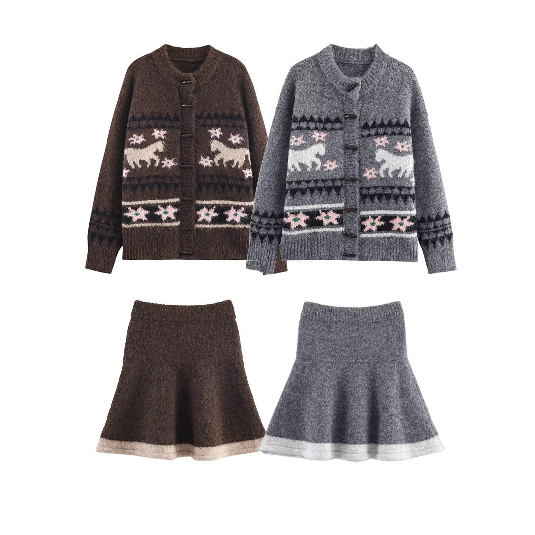 Women's Two-Piece Knit Set with Norwegian Pattern Cardigan and Flared Skirt Amarae