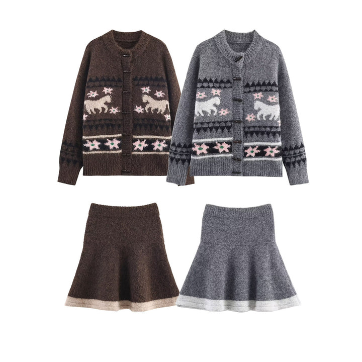 Women's Two-Piece Knit Set with Norwegian Pattern Cardigan and Flared Skirt Amarae