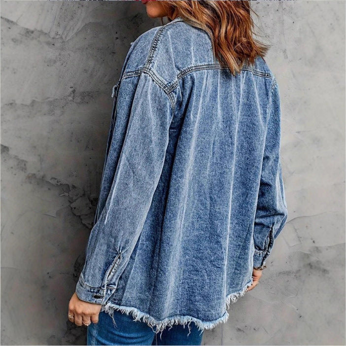 Women's Oversized Denim Jacket with Flap Pockets, Used Look and Raw Hem Amarae