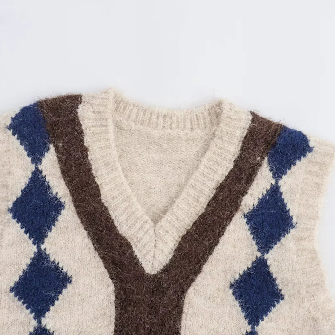 Women's Argyle Knit Vest with V-Neck and Fluffy Mohair Look Amarae
