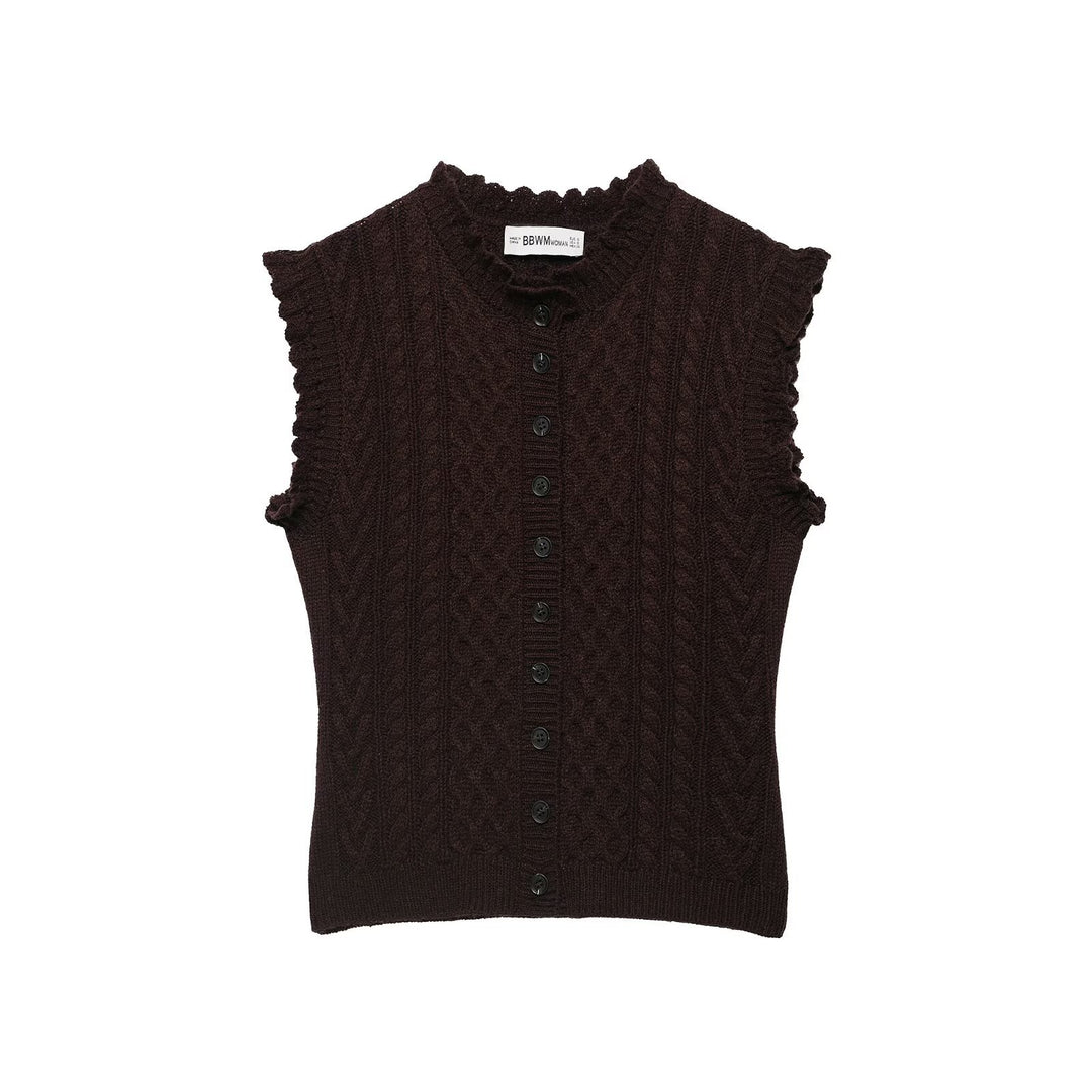 Women's Sleeveless Cable Knit Vest with Button Placket and Ruffled Hem Amarae