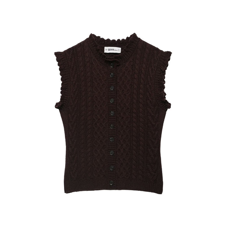 Women's Sleeveless Cable Knit Vest with Button Placket and Ruffled Hem Amarae
