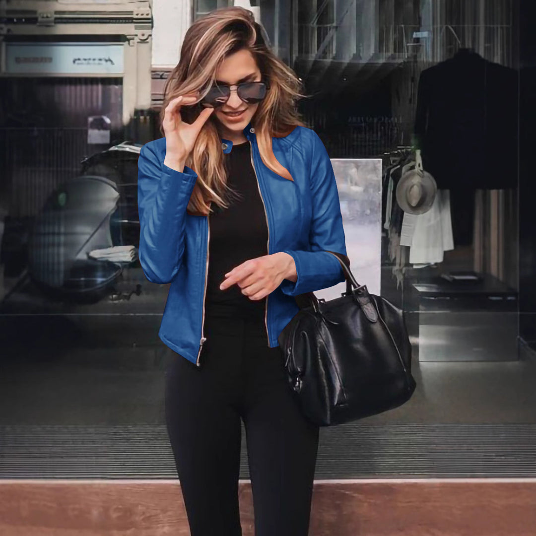 Ladies fitted faux leather biker jacket with stand-up collar and decorative seams Amarae