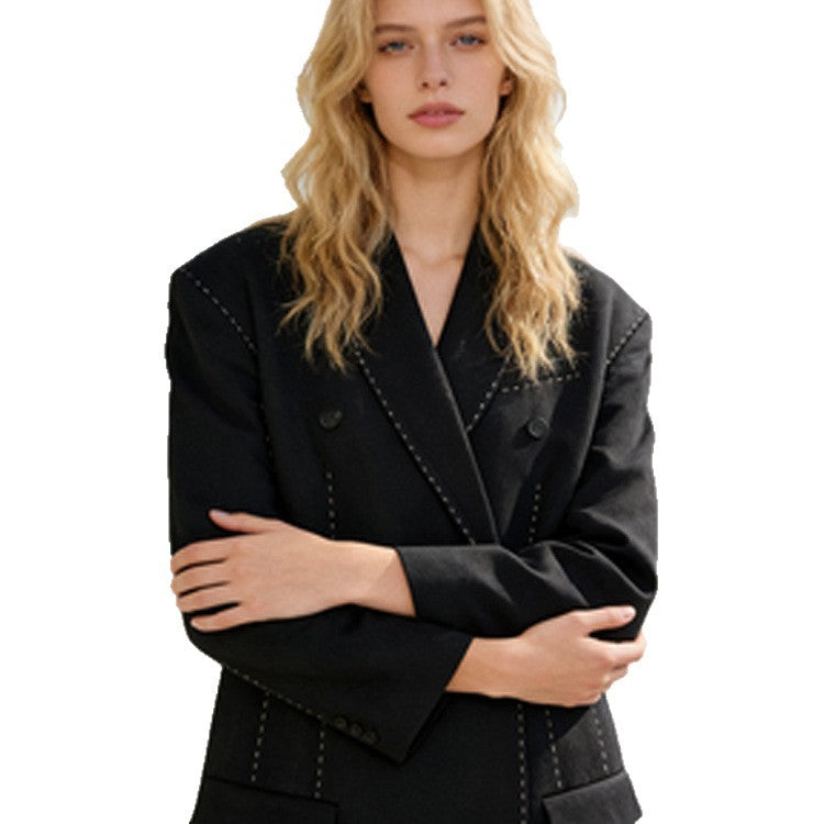 Women's Double-Breasted Oversized Blazer Coat with Distinctive Shoulder Area & Decorative Stitching Amarae