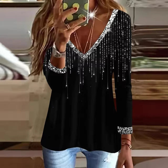 Women Glittering V-Neck Sweater with Elegant Rhinestone Details Chic & Stil
