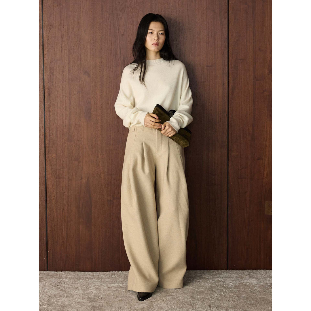 Women's High-Waisted Wool Blend Trousers with Wide Leg and Crease Amarae