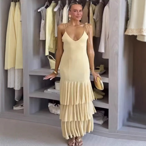 Maxi dress for women with voluminous ruffle details and adjustable spaghetti straps Amarae