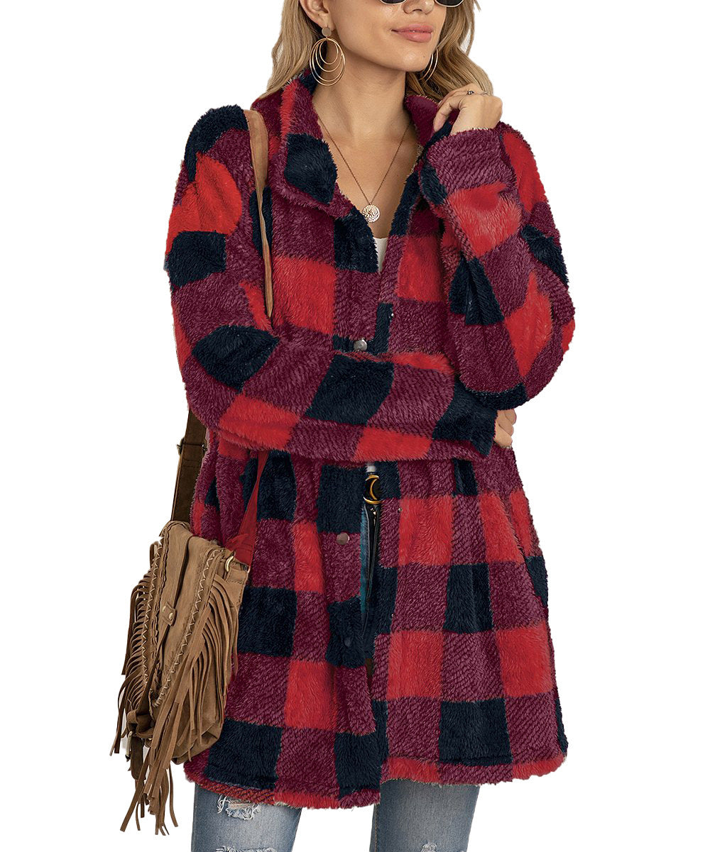 Women’s fleece jacket with checked pattern and practical pockets Lune London