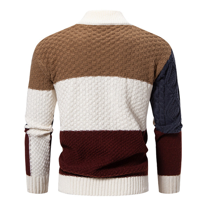 Trendy thick knit sweater for men with high collar and textured color block design Lune London