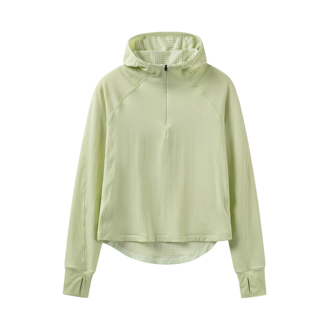 Women’s Hooded Half-Zip Pullover with Waffle-Lined Inner Hood, Thumbholes, and Extended Back Partie Amarae