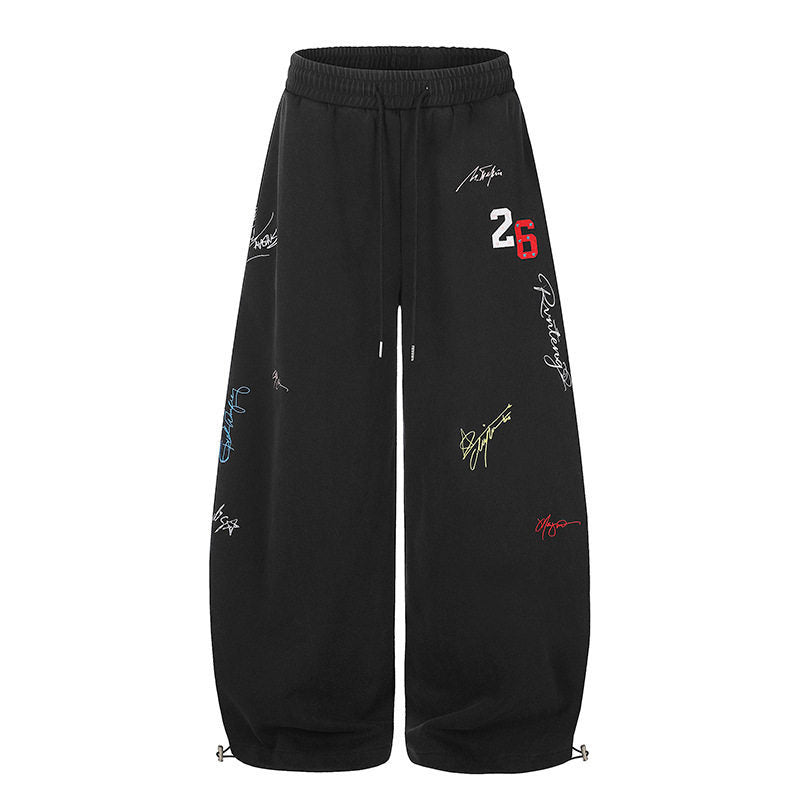 Women's Extra Wide Palazzo Sweatpants with Drawstring Waist, Embroidery Details, and Adjustable Hem